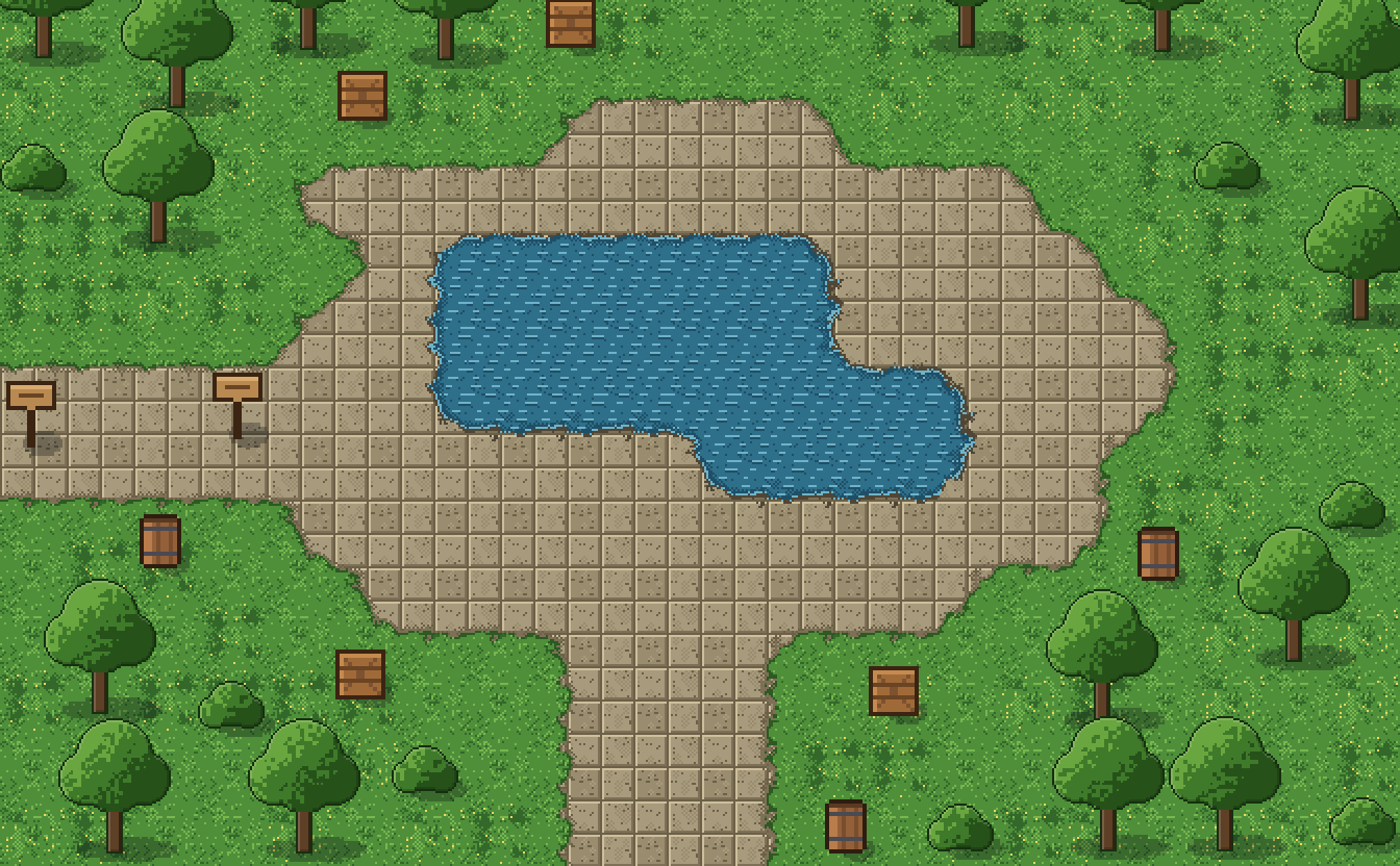 A pixel art meadow: a stone plaza around a pond, oak trees, barrels, crates and signposts